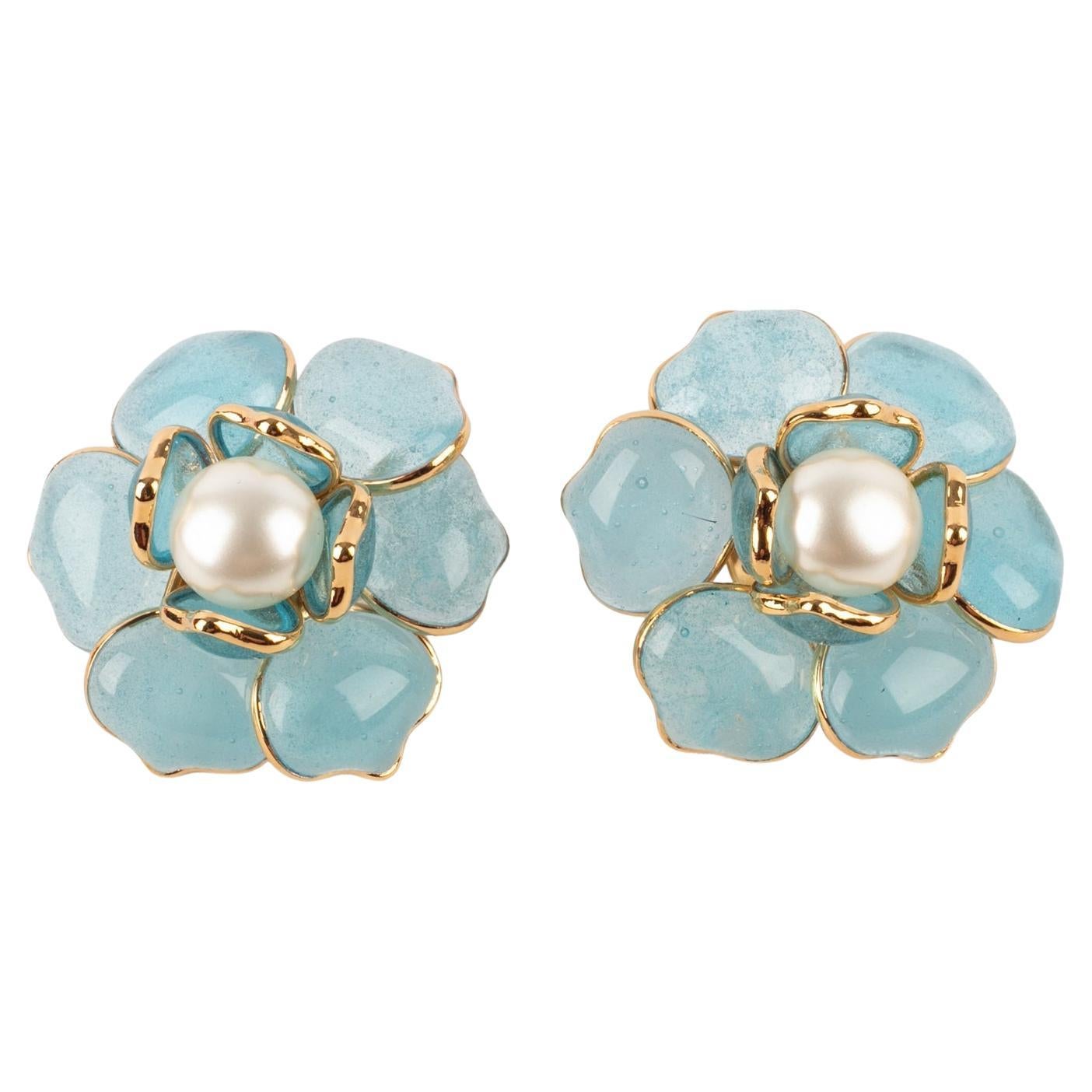 Augustine Golden Metal Flower Earrings with Light-blue Glass Paste For Sale