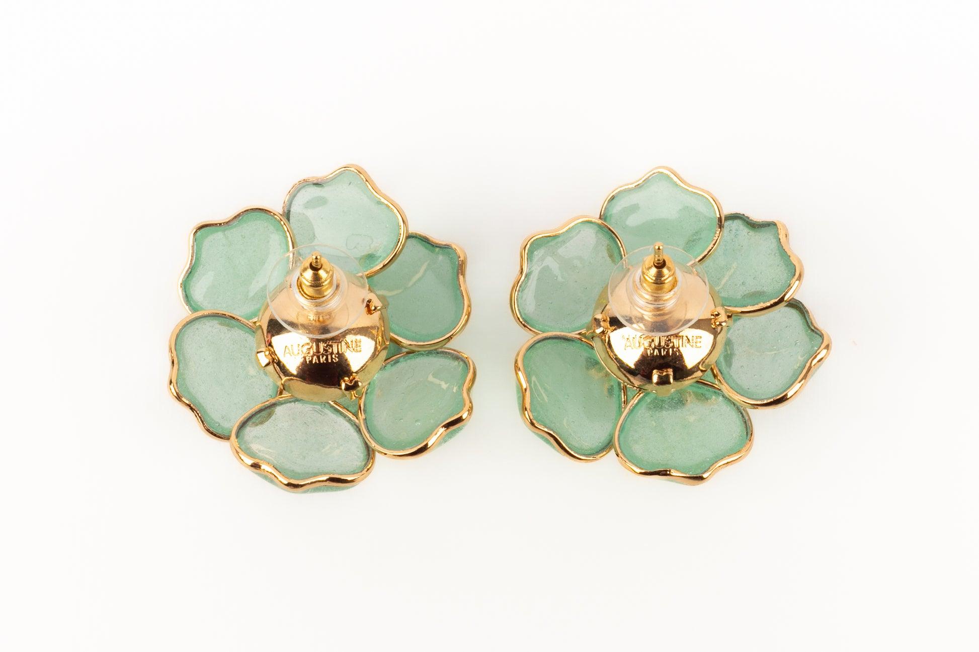 Augustine Golden Metal Flower Earrings with Light-green Glass Paste For Sale 1