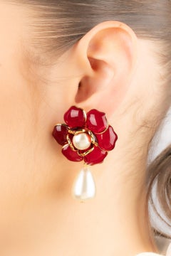 Augustine Golden Metal Flower Earrings with Red Glass Paste