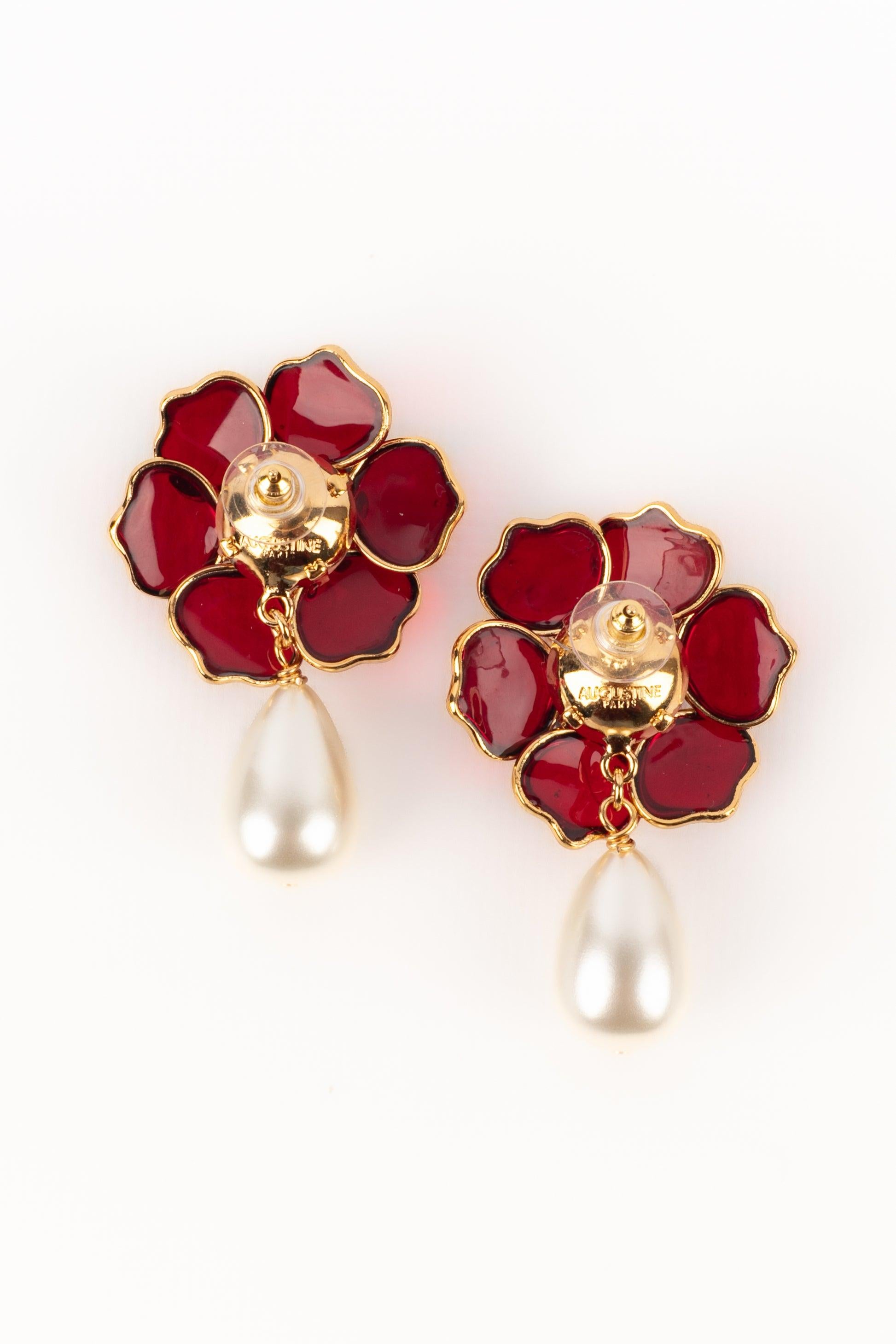 Augustine Golden Metal Flower Earrings with Red Glass Paste In Excellent Condition For Sale In SAINT-OUEN-SUR-SEINE, FR