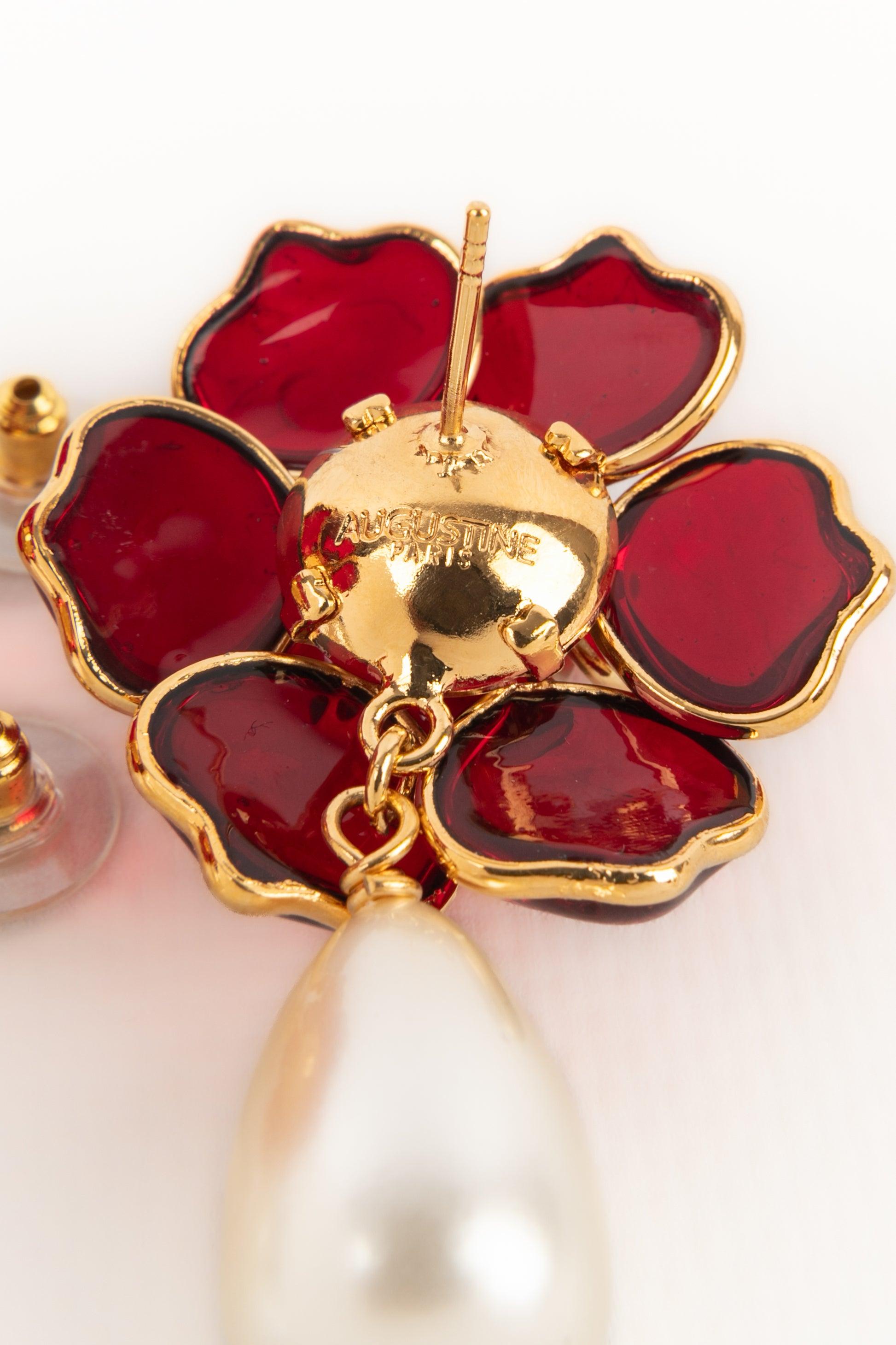 Augustine Golden Metal Flower Earrings with Red Glass Paste For Sale 1