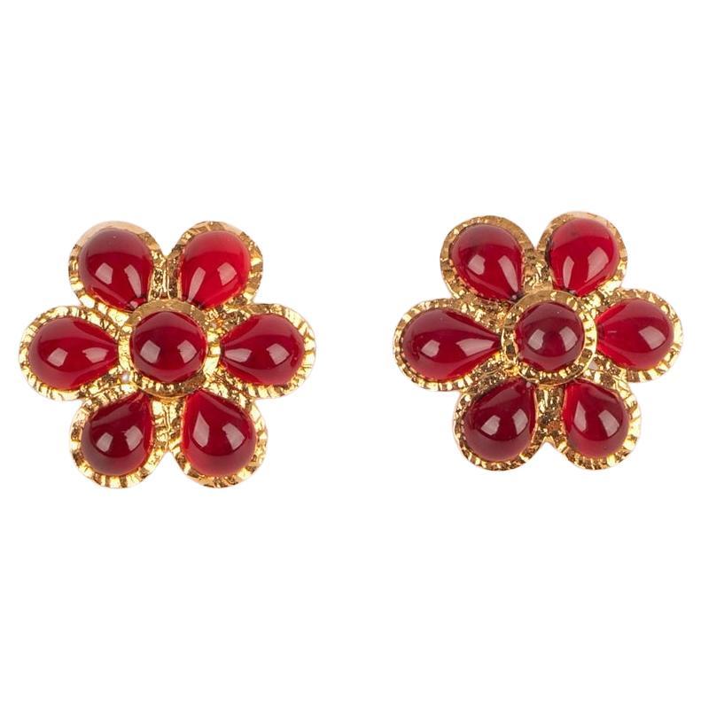 Augustine Golden Metal Flower Earrings with Red Glass Paste For Sale