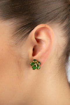 Augustine Golden Metal Flower Earrings with Rhinestones and Green Glass Paste