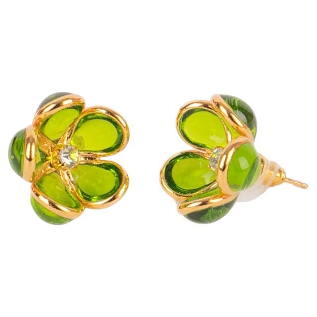 Augustine Golden Metal Flower Earrings with Rhinestones & Green Glass Paste For Sale