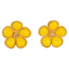 Boucles d'oreilles Augustine Fleur en métal doré avec pâte de verre jaune et strass