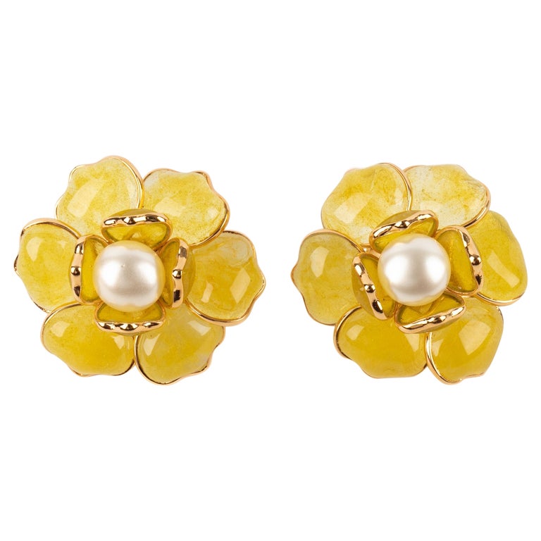 Boucles D'oreilles Vintage Pâte De Verre Fleur Cabochon Bleu Strass - Fermoir Clips, Occasion, Bijou Rétro