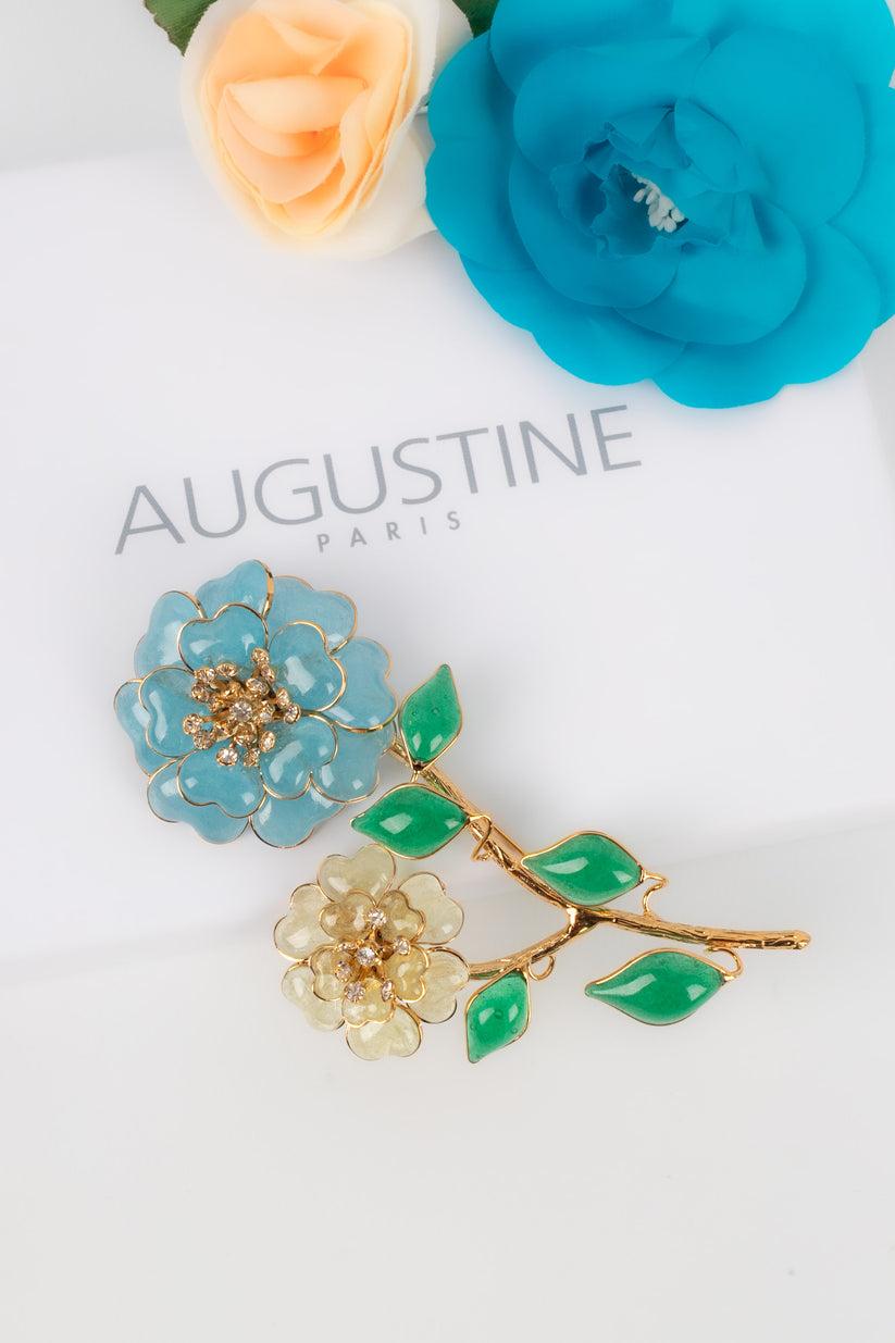 Augustine Golden Metal, Glass Paste, and Rhinestones Flower Brooch For Sale 3
