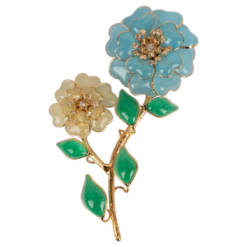 Augustine Golden Metal, Glass Paste, and Rhinestones Flower Brooch