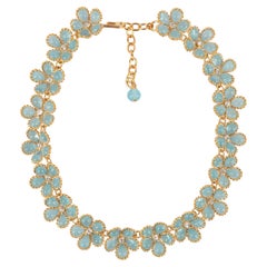 Augustine Golden Metal Necklace with Blue Glass Paste Flowers