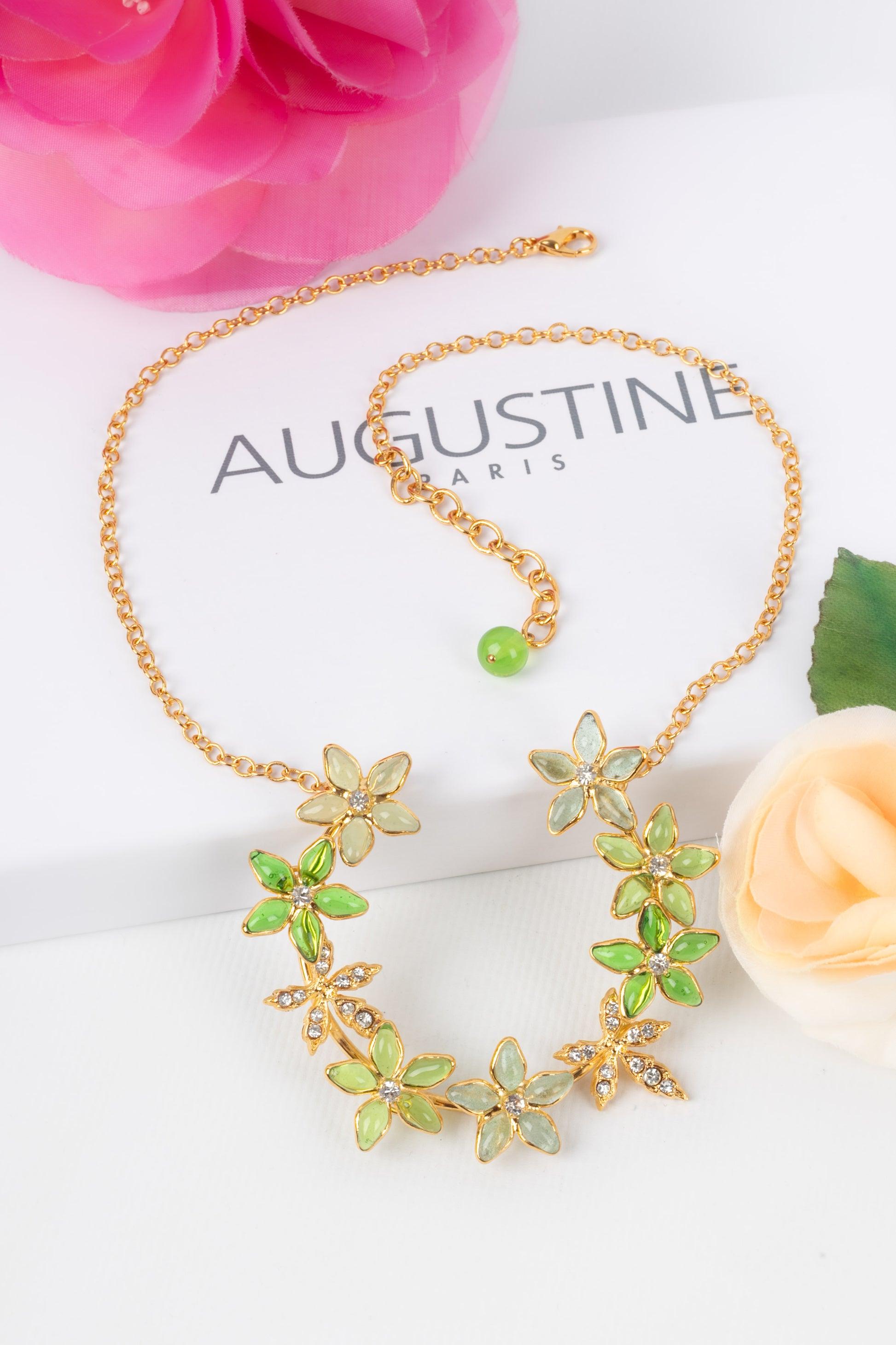 Augustine Golden Metal Necklace with Rhinestones and Glass Paste in Green Tones For Sale 5