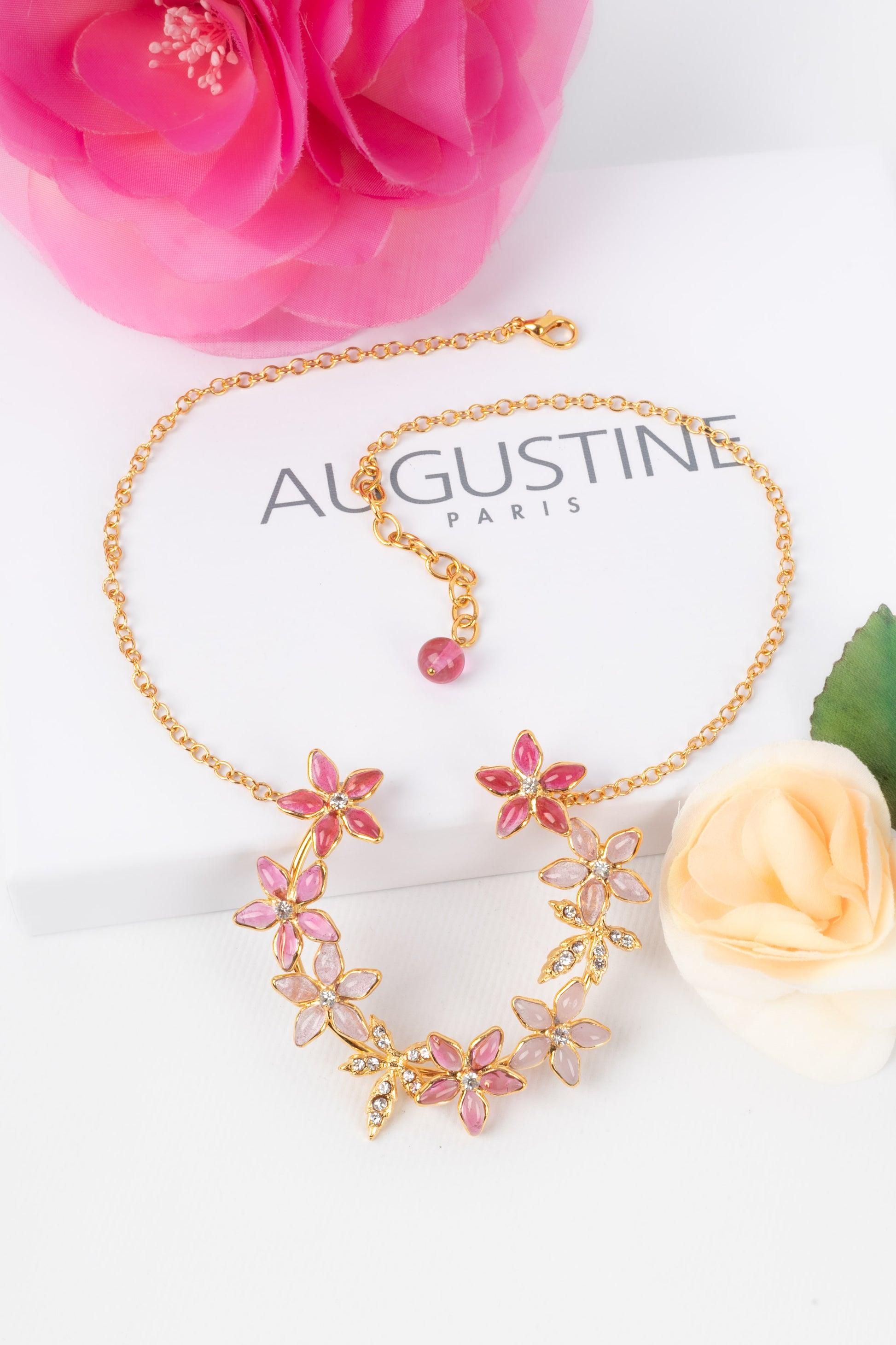 Augustine Golden Metal Necklace with Rhinestones and Glass Paste in Pink Tones For Sale 4