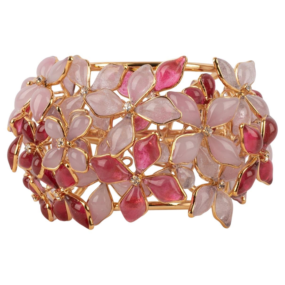 Augustine Golden Metal Pink Flower Bracelet For Sale