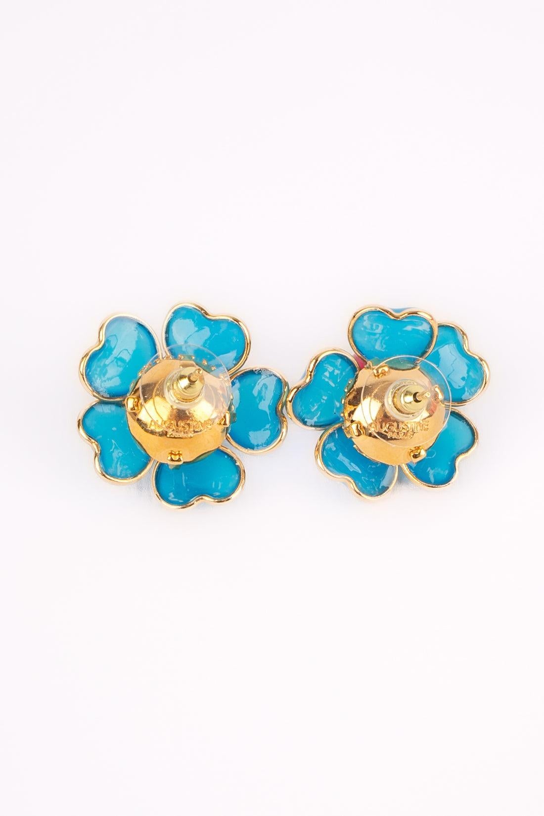 Augustine Golden Metal Two-tone Flower Earrings with Glass Paste and Rhinestone For Sale 2