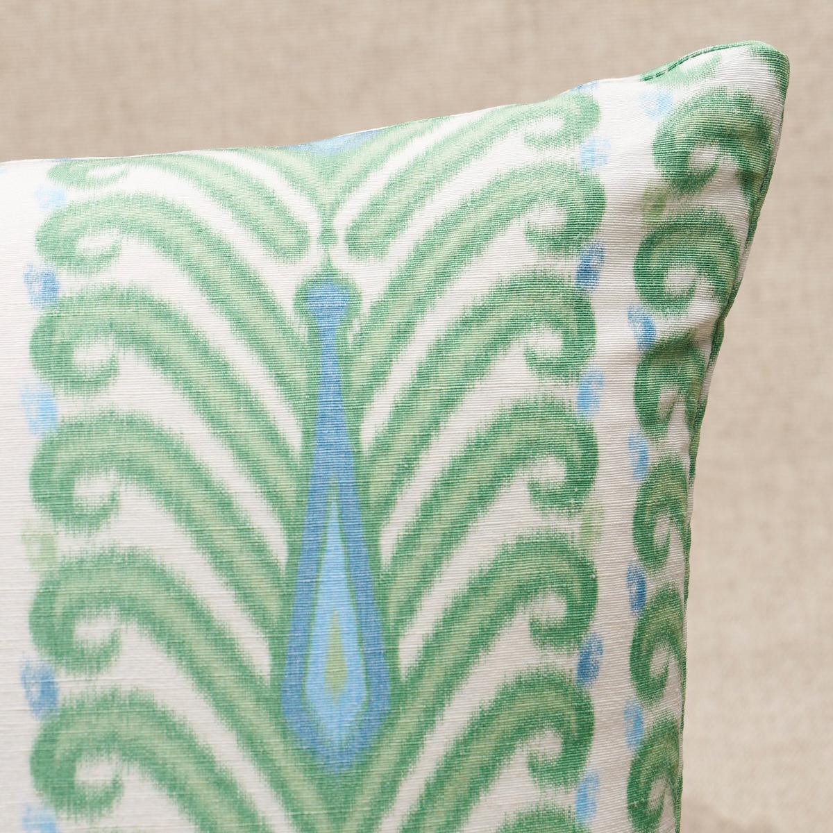 This pillow features Augustine Ikat with a knife edge finish. Like all true warp prints, Augustine Ikat is the stunning result of an ancient, labor-intensive weaving technique. Pillow includes a feather/down fill insert and hidden zipper closure.
