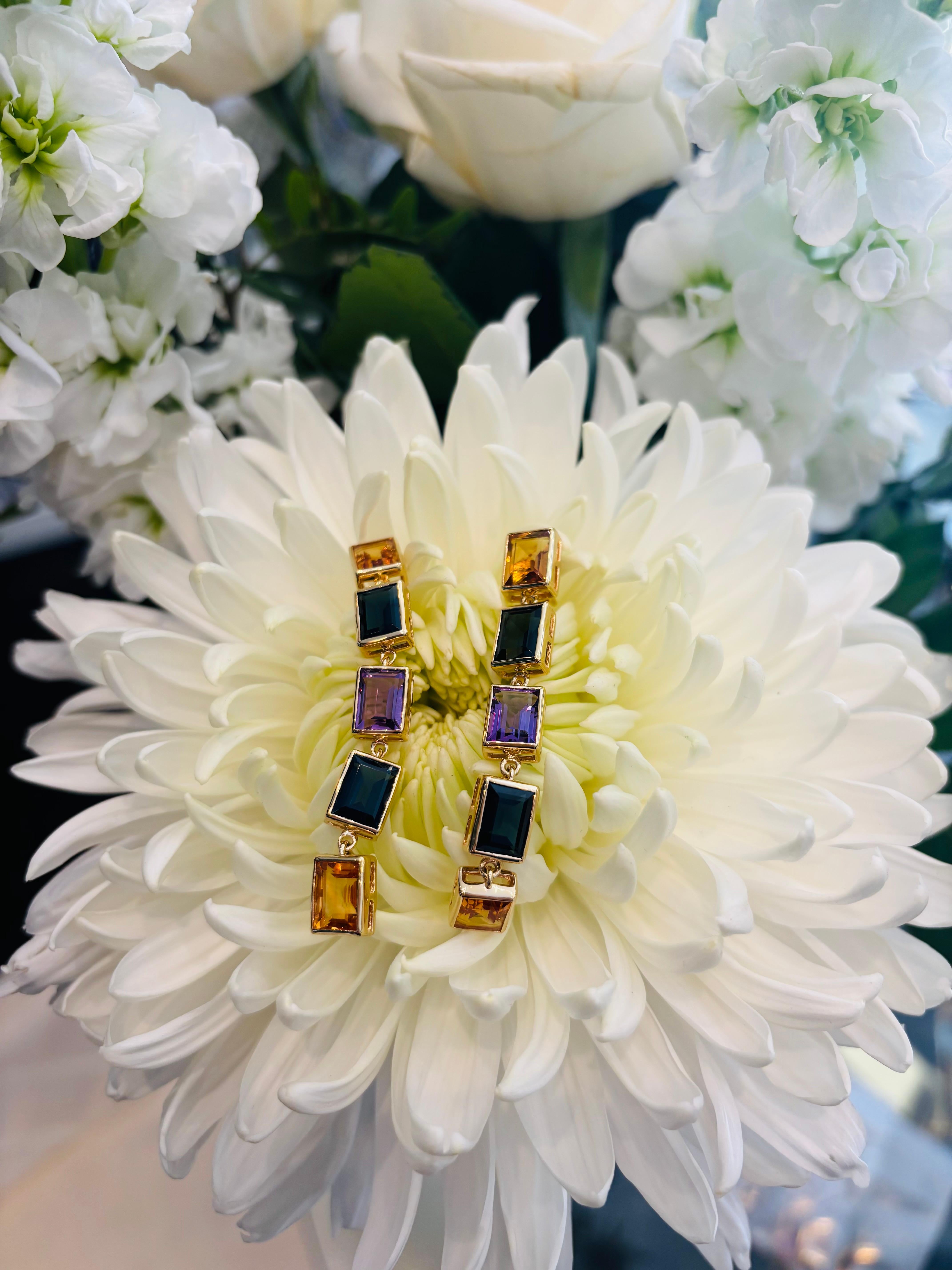 Augustine Jewel Citrine, Teal Topaz and Purple Amethyst 5 Drop Earrings For Sale 1