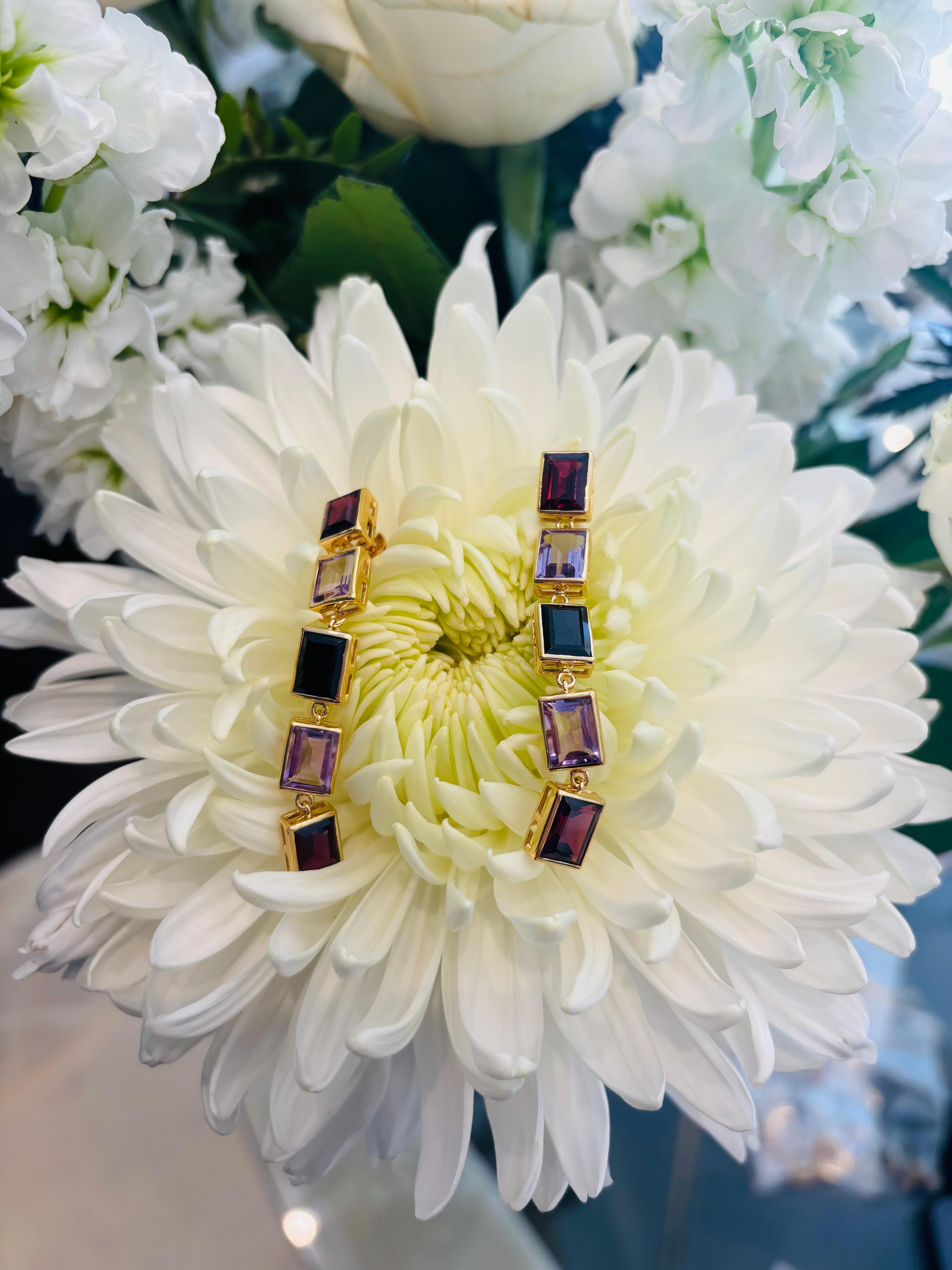 Augustine Jewel Rhodolite, Purple Amethyst and Spinel 5 Drop Earrings For Sale 1