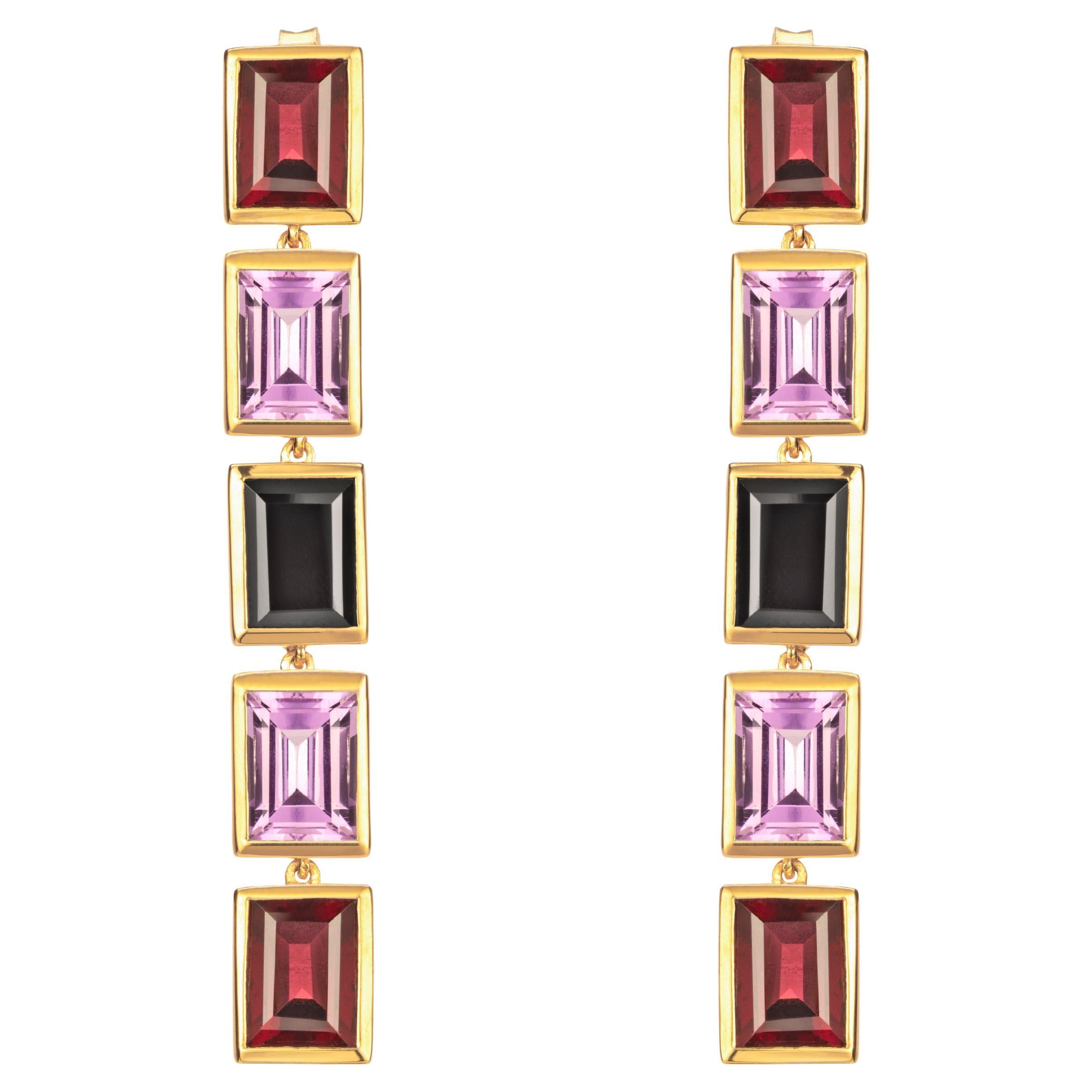Augustine Jewel Rhodolite, Purple Amethyst and Spinel 5 Drop Earrings For Sale