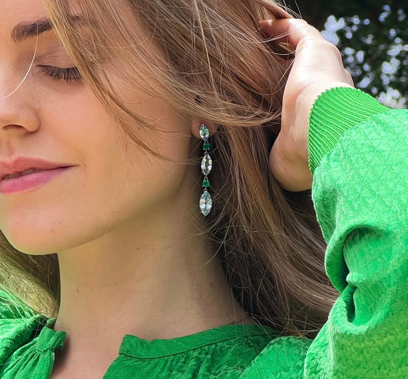 The Blue Topaz & Agate Earrings are elegant and chic. With the bright sky blue topaz marquise cuts and gorgeous green agates in between, these earrings are perfect for a day to day wear and to special events. Marquise-cut Blue Topaz and round Green