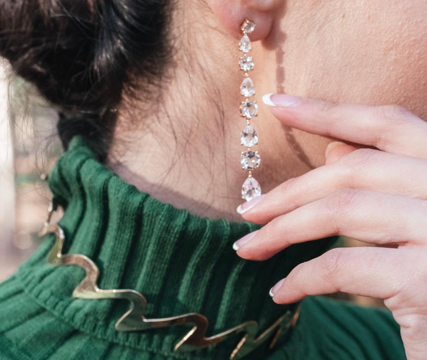 Questi splendidi orecchini di topazio bianco, ispirati alle montagne innevate e al sole dorato della regione di Gstaad, sono un po' divertenti per Natale! Realizzati in oro giallo 18ct con topazio bianco incastonato in argento sterling con placca in