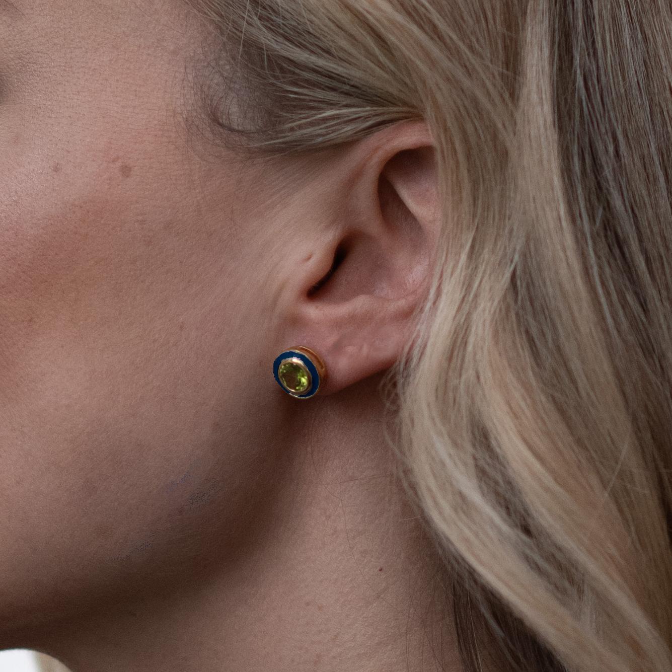 Round Cut Augustine Jewels Peridot and Navy Enamel Stud Earrings For Sale