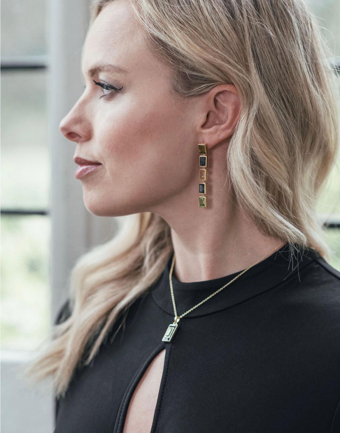 Octagon Cut Augustine Jewels Peridot, London Blue Topaz and Citrine 5 Drop Earrings For Sale