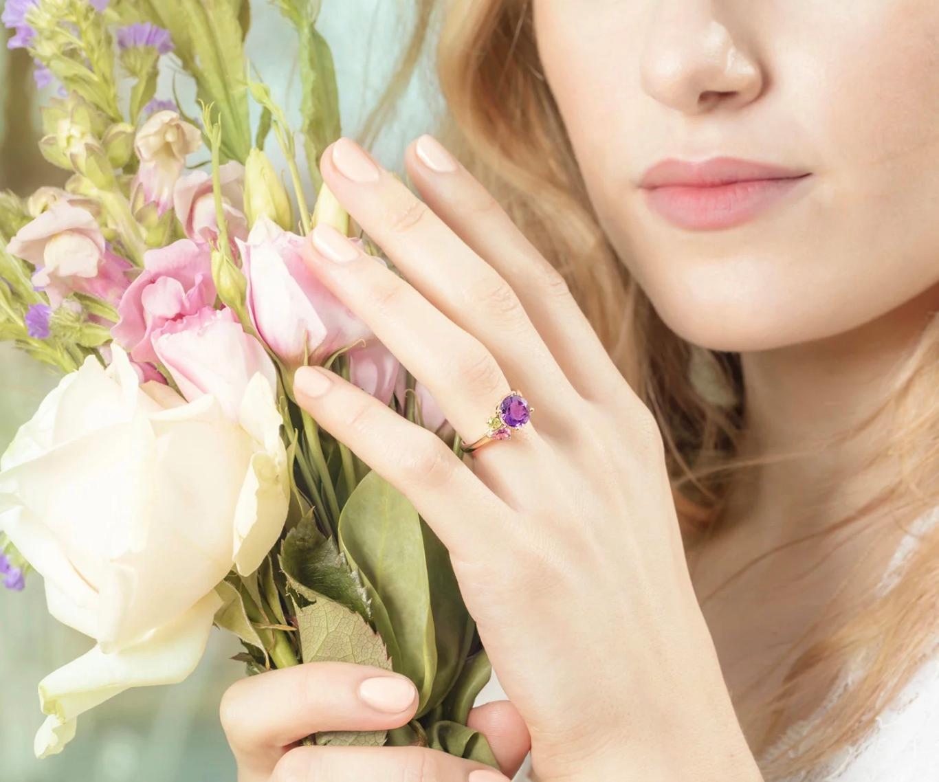 Mixed Cut Augustine Jewels Purple Amethyst Cluster Ring  For Sale