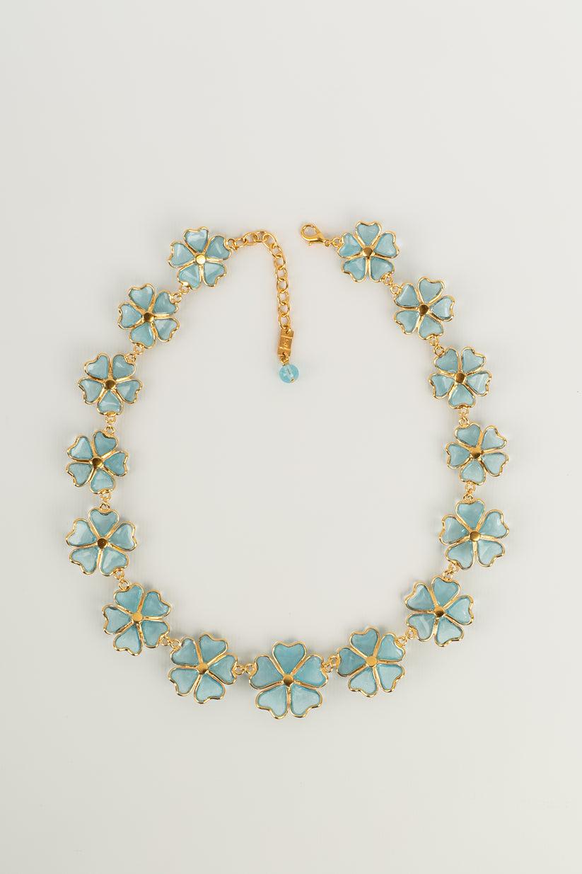 Augustine Light Blue Necklace in Gold Plated Metal and Glass Paste For Sale 1
