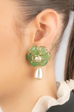Augustine Light-green Glass Paste Golden Metal Flower Earrings