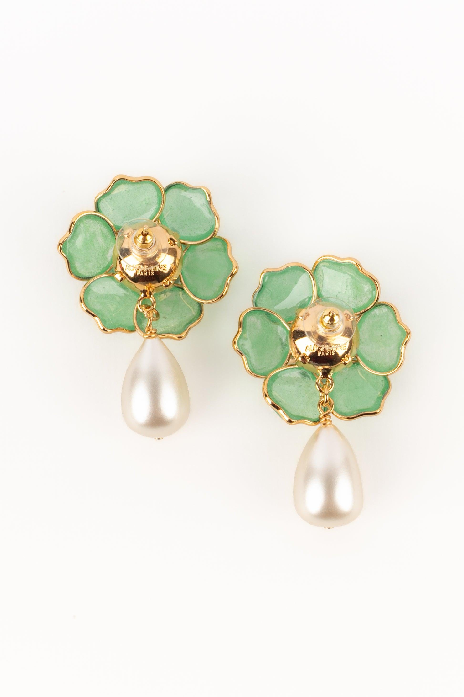 Augustine Light-green Glass Paste Golden Metal Flower Earrings For Sale 1