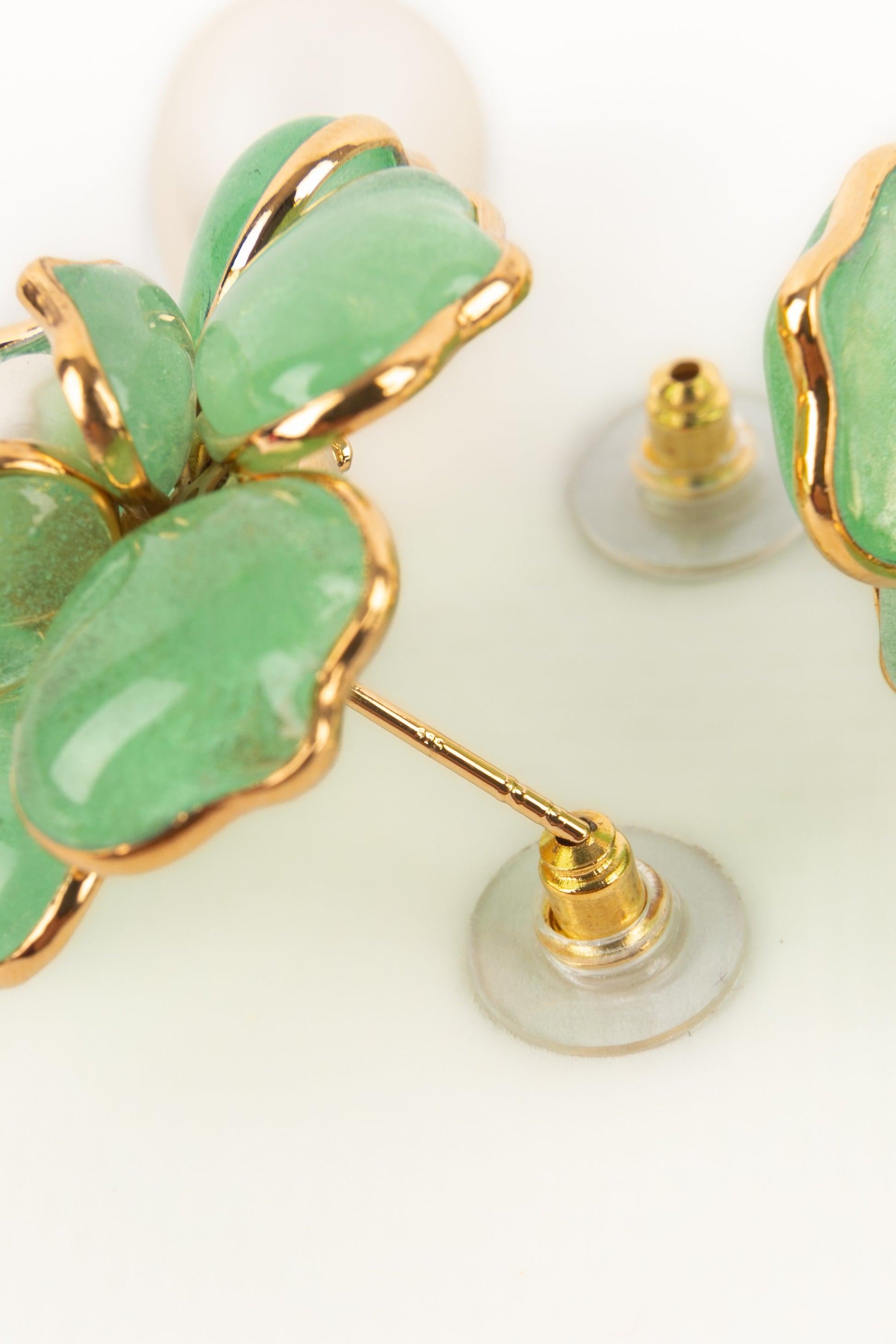 Augustine Light-green Glass Paste Golden Metal Flower Earrings For Sale 2
