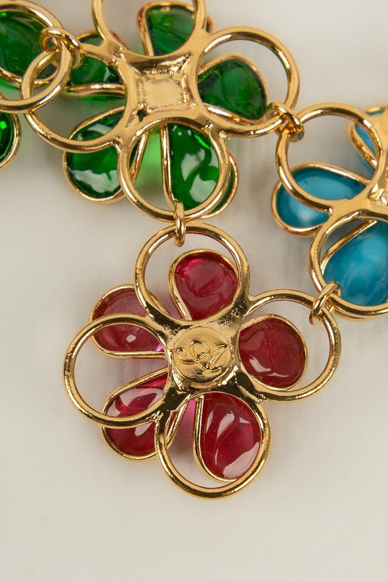 Collier Vintage Doré Fleurs Et Feuilles En Pâte De Verre - Signé EB - Parfait état