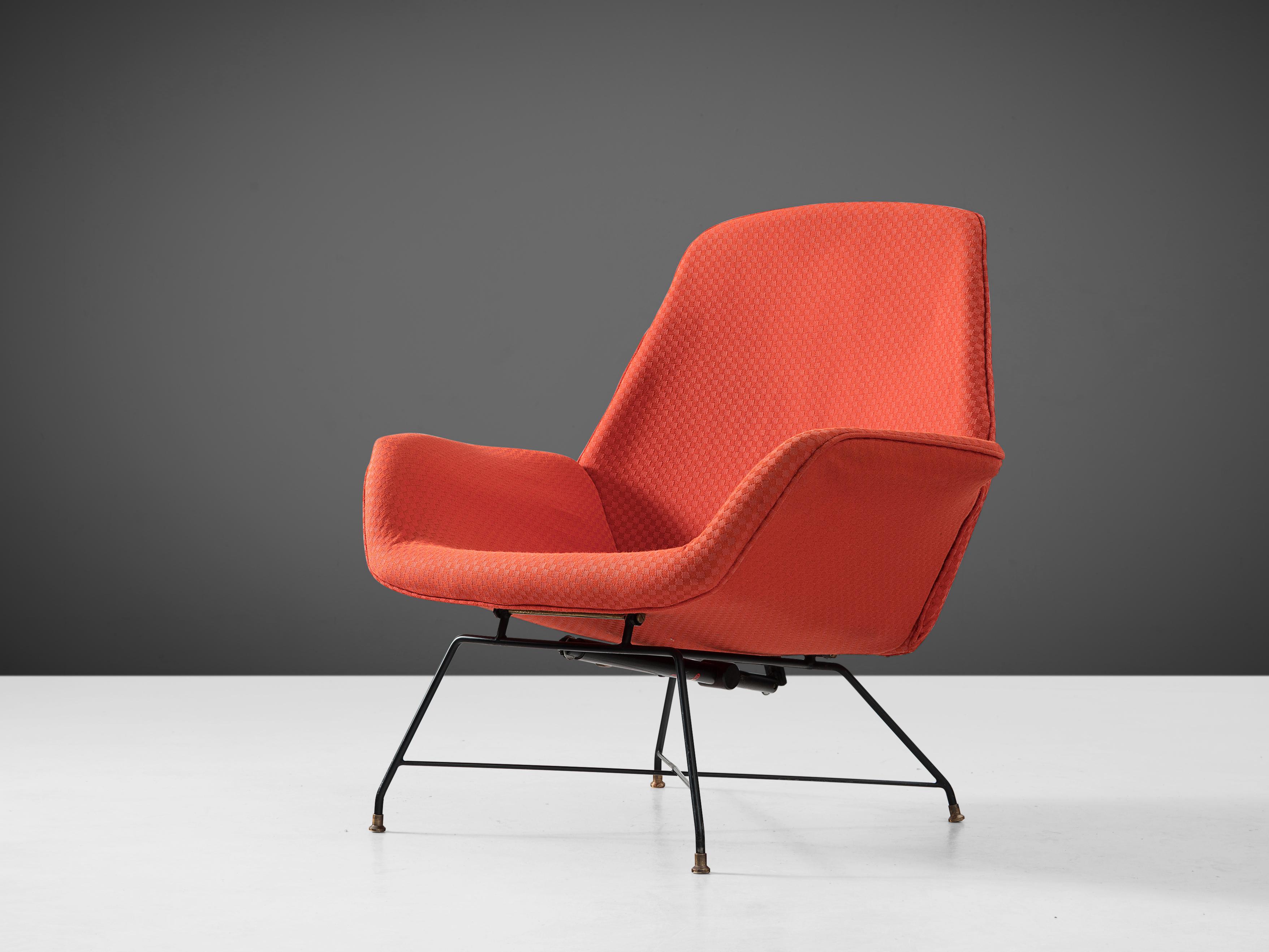 Augusto Bozzi for Saporiti, lounge chair, metal, brass, red fabric, Italy, 1960s. 

Eye-catching adjustable lounge chair. By it's hairpin frame and shape of the shell this chair is in line with the designs of Augusto Bozzi for the Italian