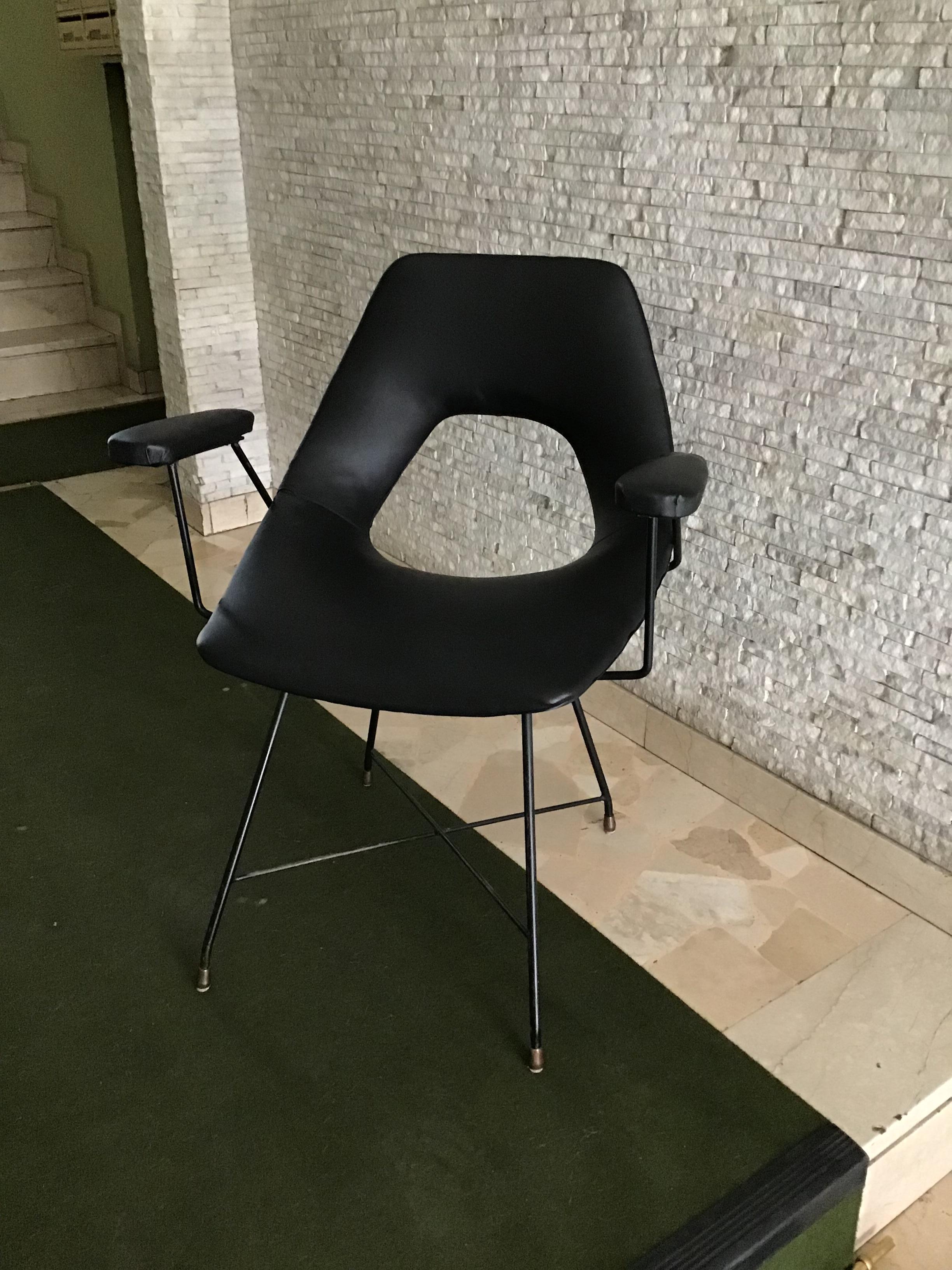 Italian Augusto Bozzi for Saporiti Armchair Iron Brass Ecological Leather, 1954, Italy For Sale