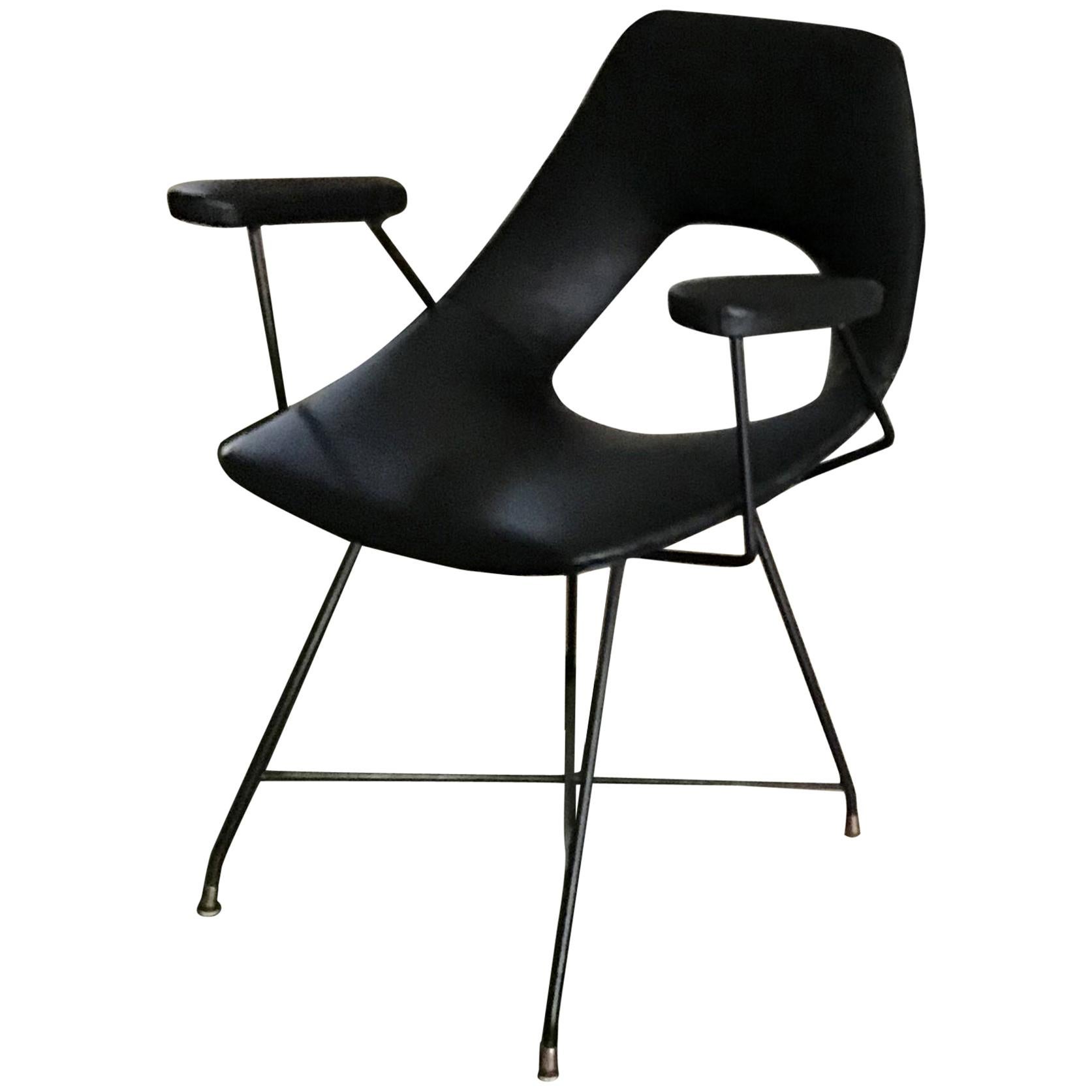 Augusto Bozzi for Saporiti Armchair Iron Brass Ecological Leather, 1954, Italy For Sale