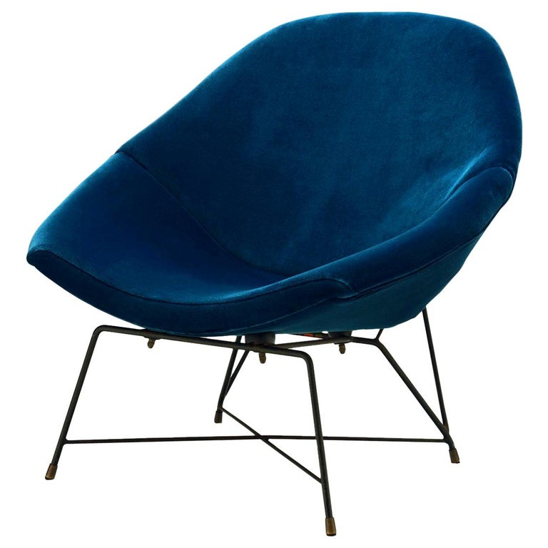 Augusto Bozzi 'Kosmos' Chair for Saporiti in Blue Velvet, Italy, 1956 For Sale