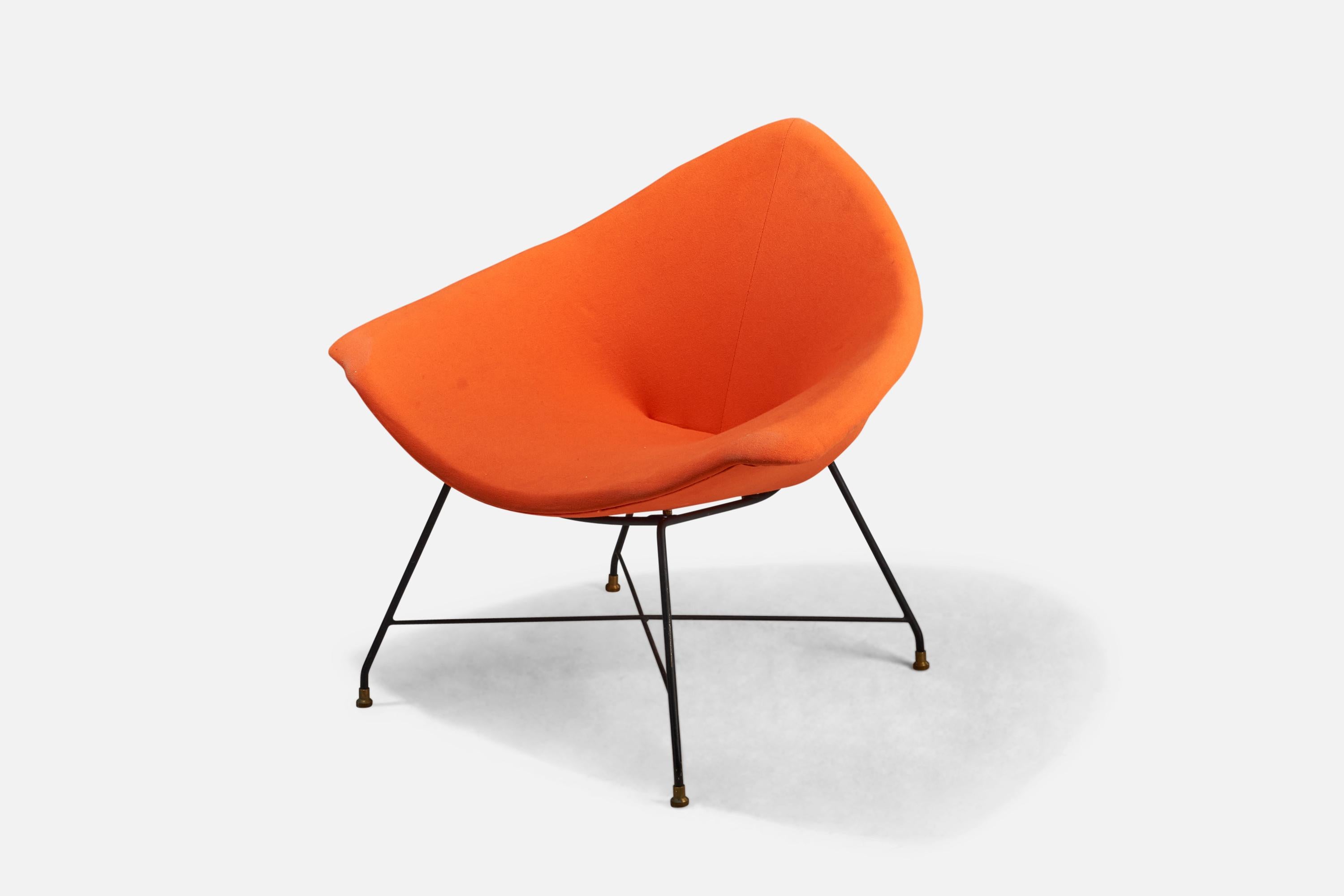 Mid-Century Modern Augusto Bozzi, Lounge Chair, Orange Fabric, Metal, Saporiti, Italy, 1950s For Sale