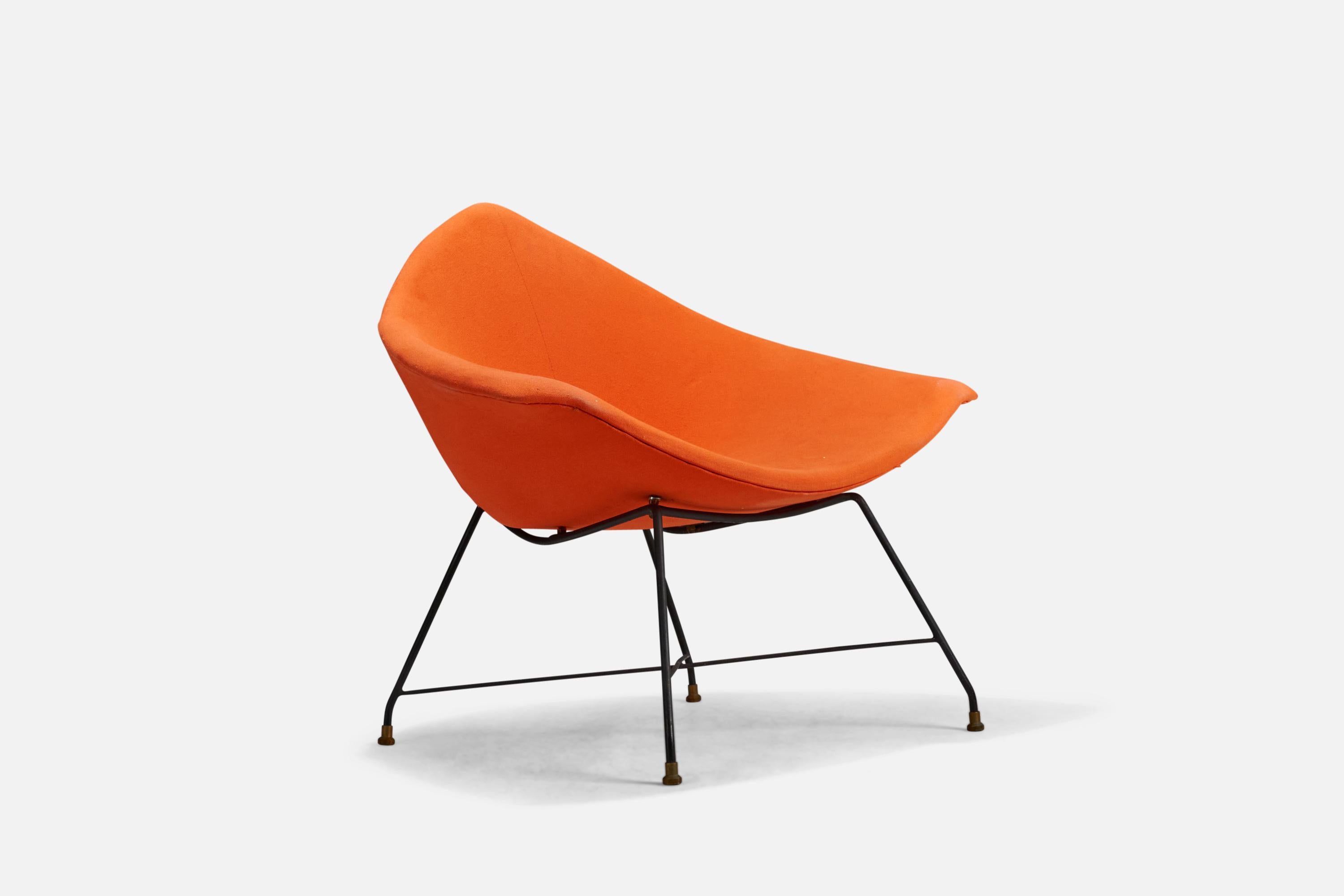 Italian Augusto Bozzi, Lounge Chair, Orange Fabric, Metal, Saporiti, Italy, 1950s For Sale