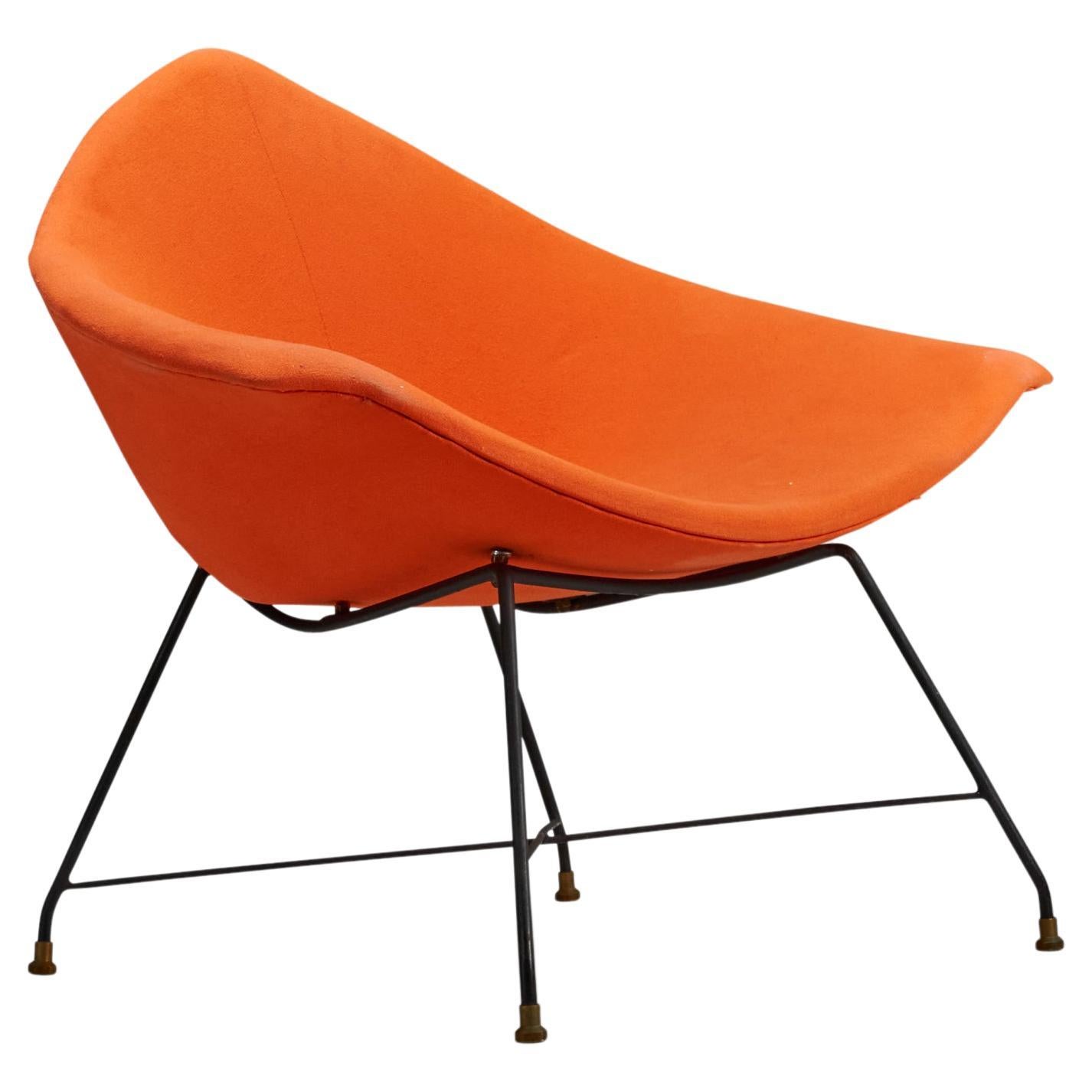 Augusto Bozzi, Lounge Chair, Orange Fabric, Metal, Saporiti, Italy, 1950s For Sale