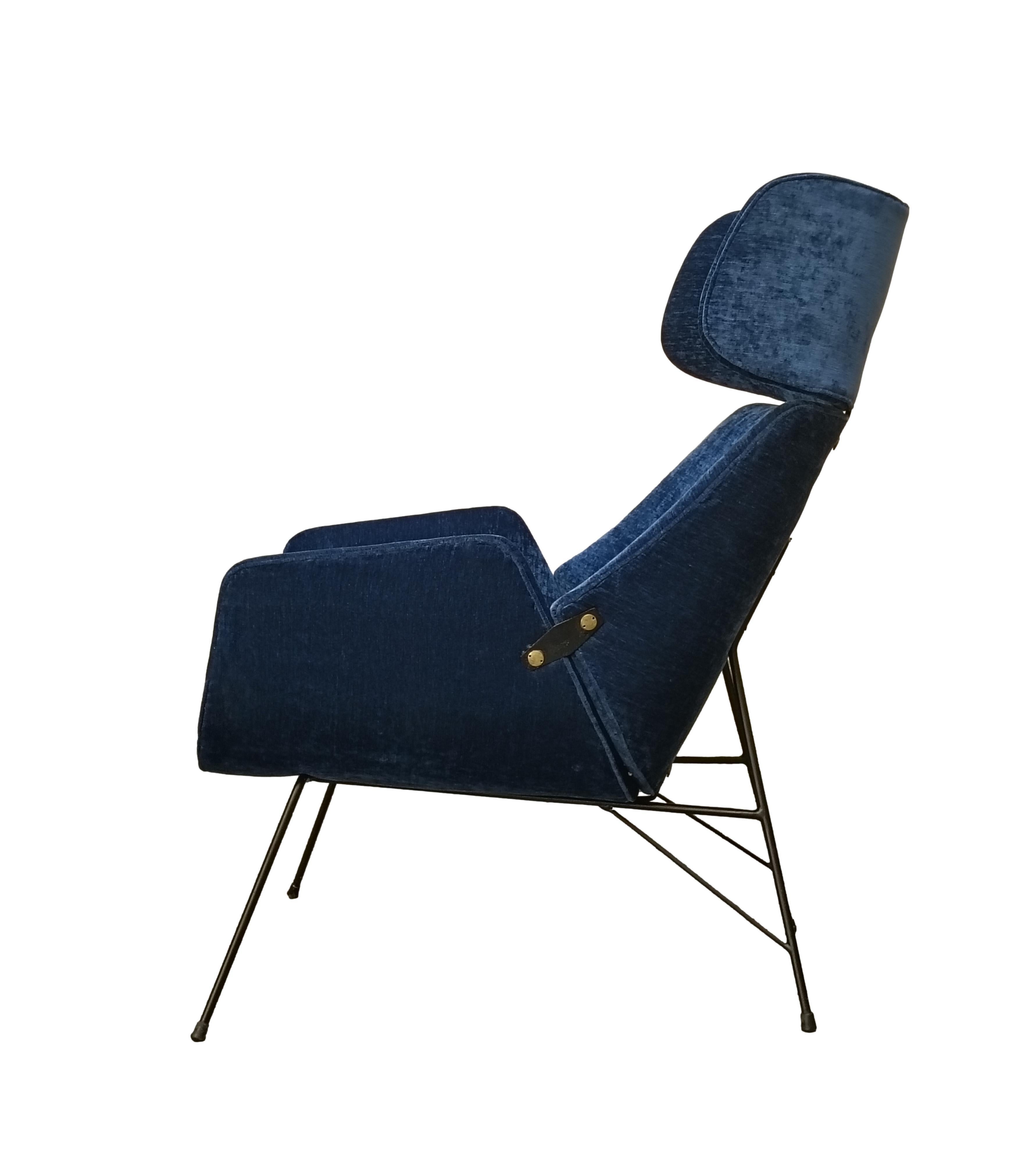 Mid-Century Modern Fauteuil en tissu bleu Augusto Bozzi pour Saporiti, Italie, années 1950 en vente