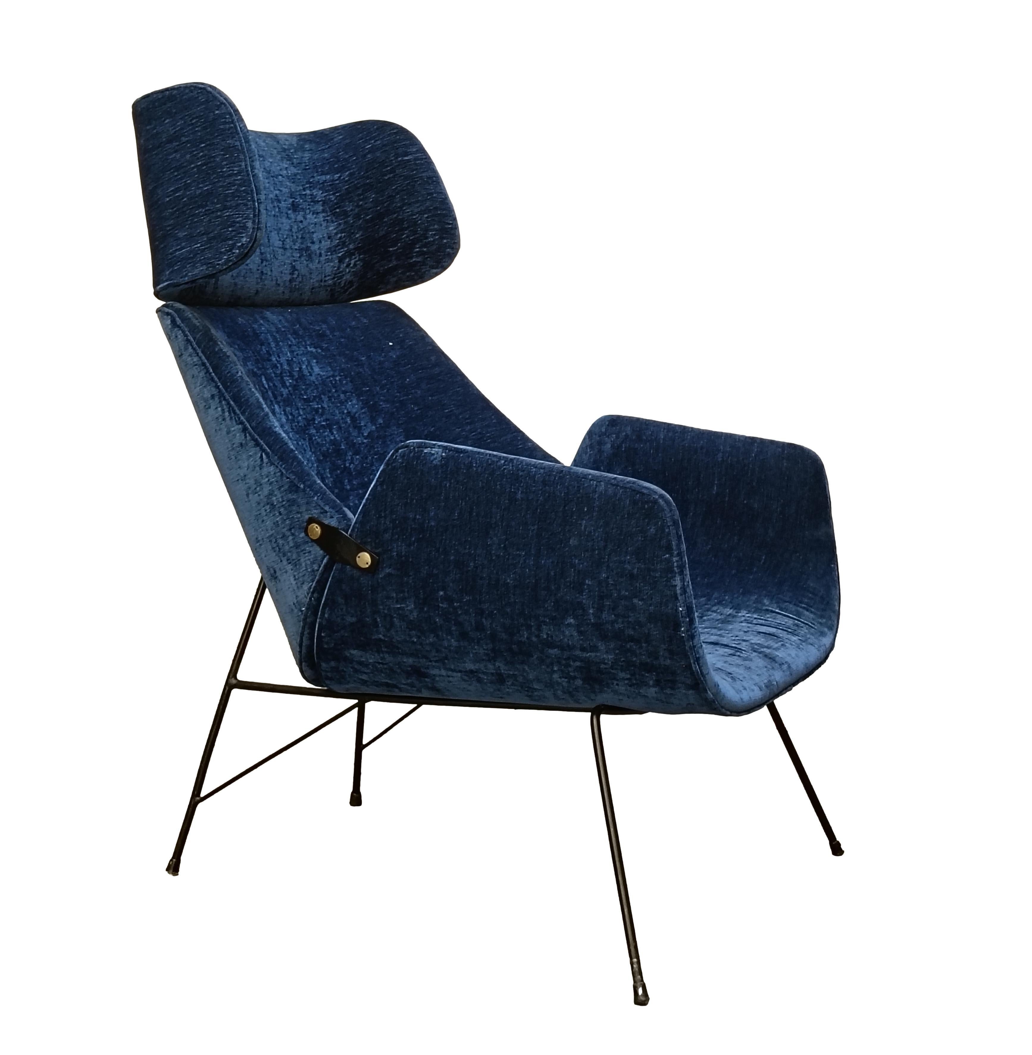 Italian Fauteuil en tissu bleu Augusto Bozzi pour Saporiti, Italie, années 1950 en vente