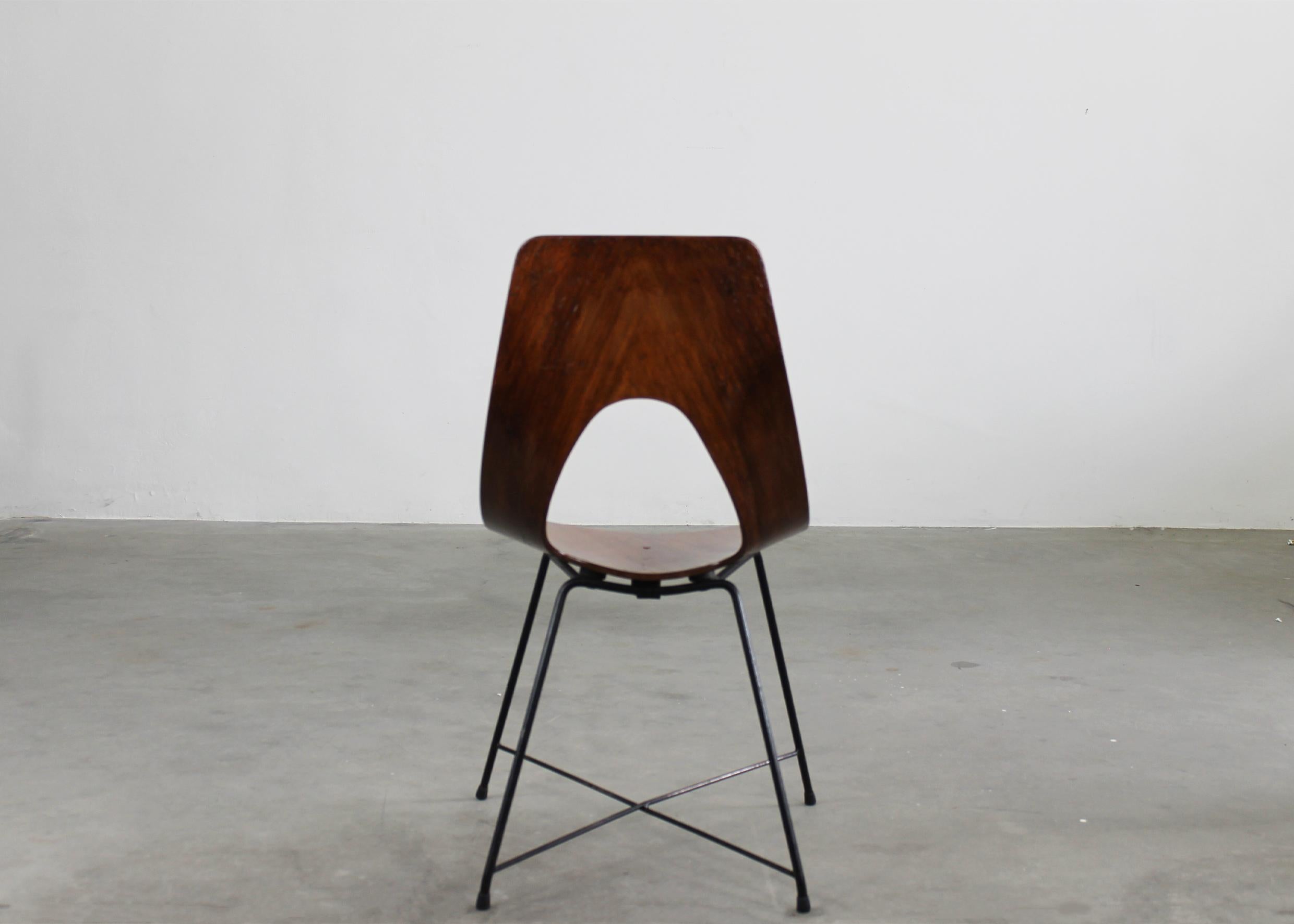 Augusto Bozzi Set of Four Ariston Chairs in Plywood and Metal by Saporiti 1950s In Good Condition For Sale In Montecatini Terme, IT