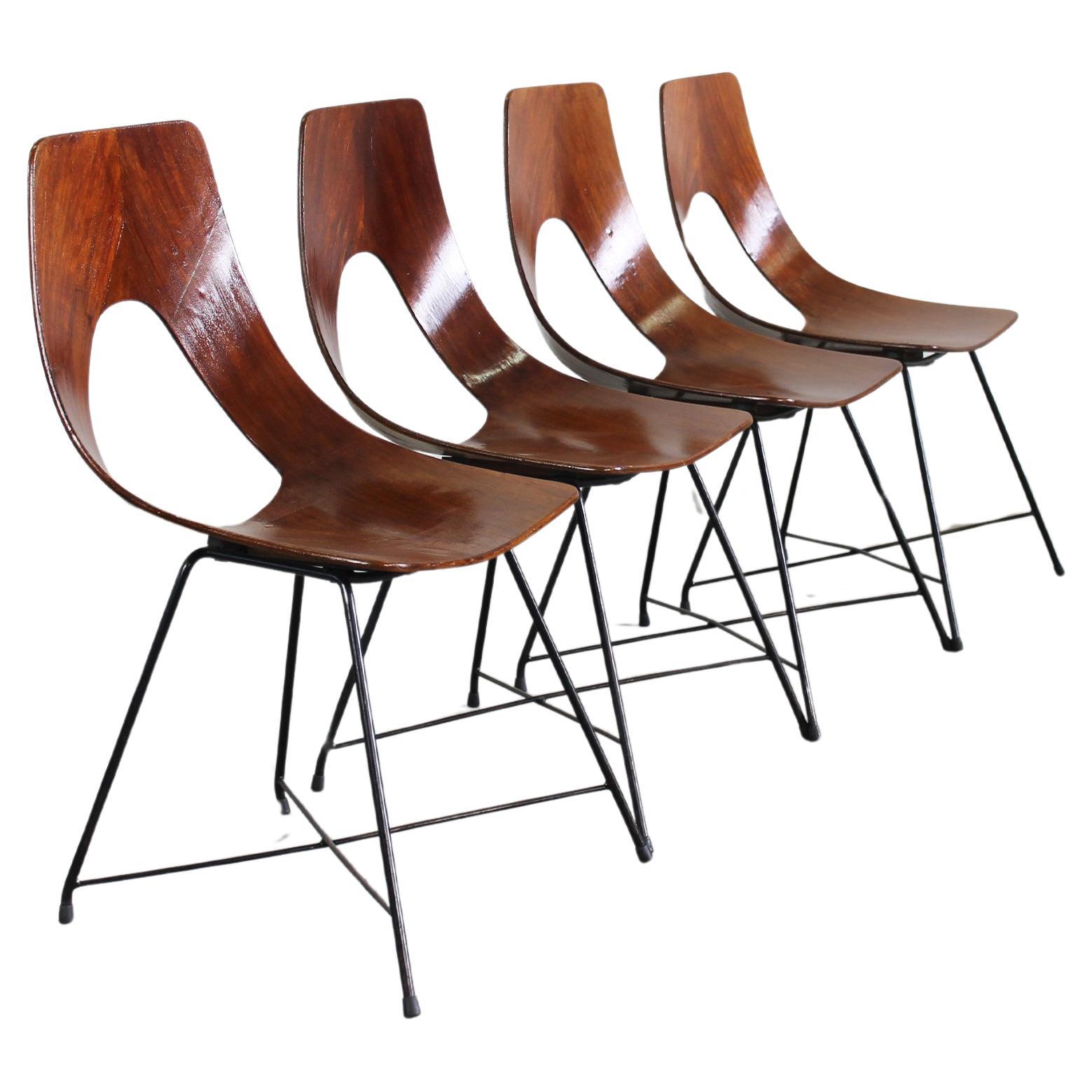 Augusto Bozzi Set of Four Ariston Chairs in Plywood and Metal by Saporiti 1950s For Sale