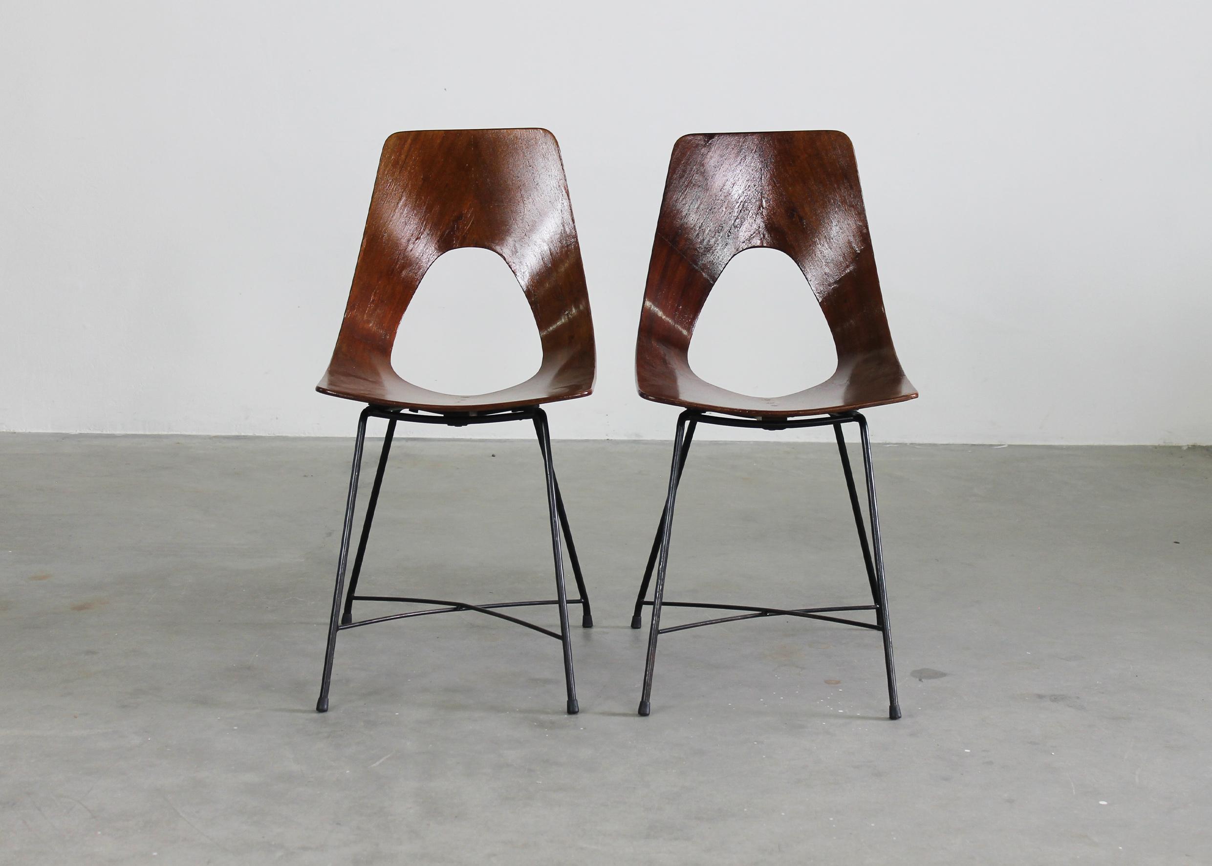 Set of two dining chairs model Ariston with structure in curved plywood and black lacquered metal legs. 
The Ariston chair was designed by Augusto Bozzi and manufactured by Saporiti during the 1950s (the manufacturer's label is visible under the