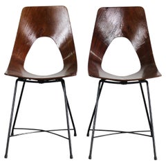 Augusto Bozzi Conjunto de dos sillas Ariston de madera contrachapada y metal by Saporiti Años 50