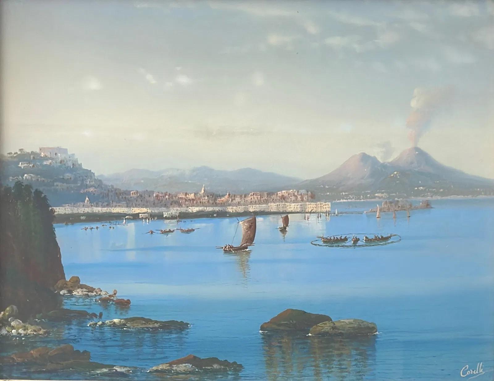 Augusto Corelli (1853 - 1910) Guazzo su carta raffigurante una veduta del Vesuvio, firmato in basso a destra 