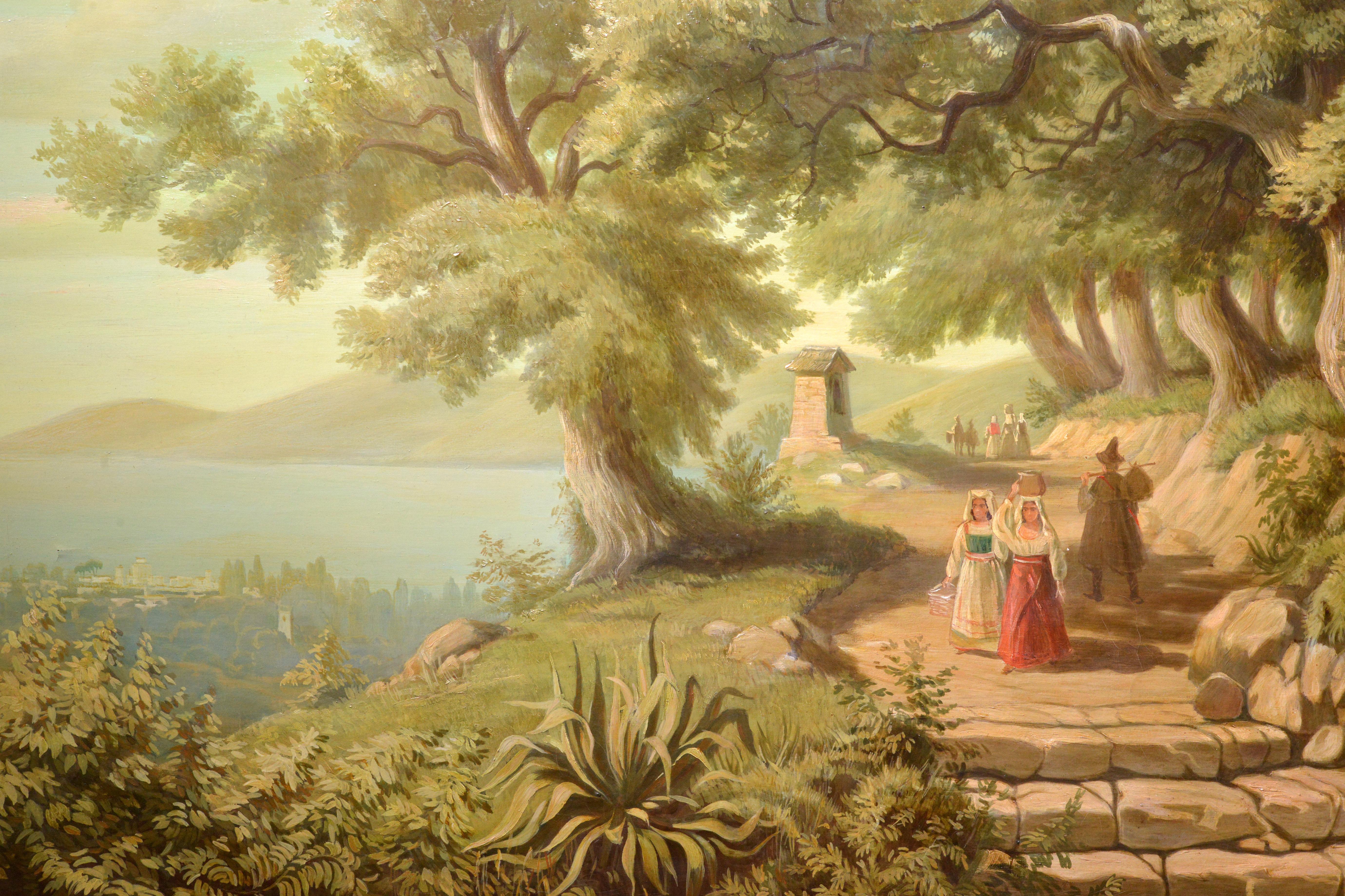 Paysage italien Vue de la baie depuis les contreforts 19e siècle Grande peinture à l'huile - Painting de Augusto Corelli