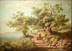 Italian landscape View of bay from foothills 19th century Large oil painting