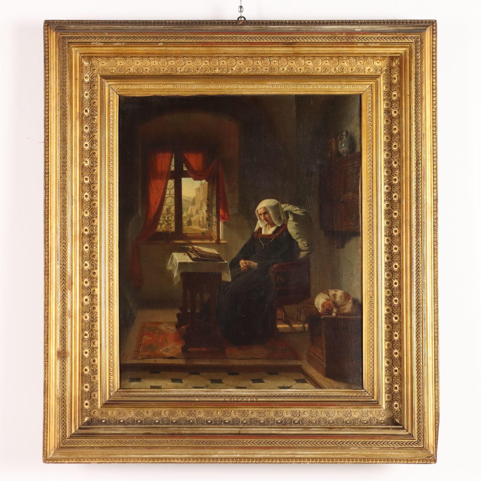 Dipinto di Augusto Friedrich Siegert Interno con Figura Femminile en venta 1