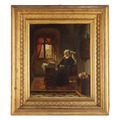 Dipinto di Augusto Friedrich Siegert Interno con Figura Femminile