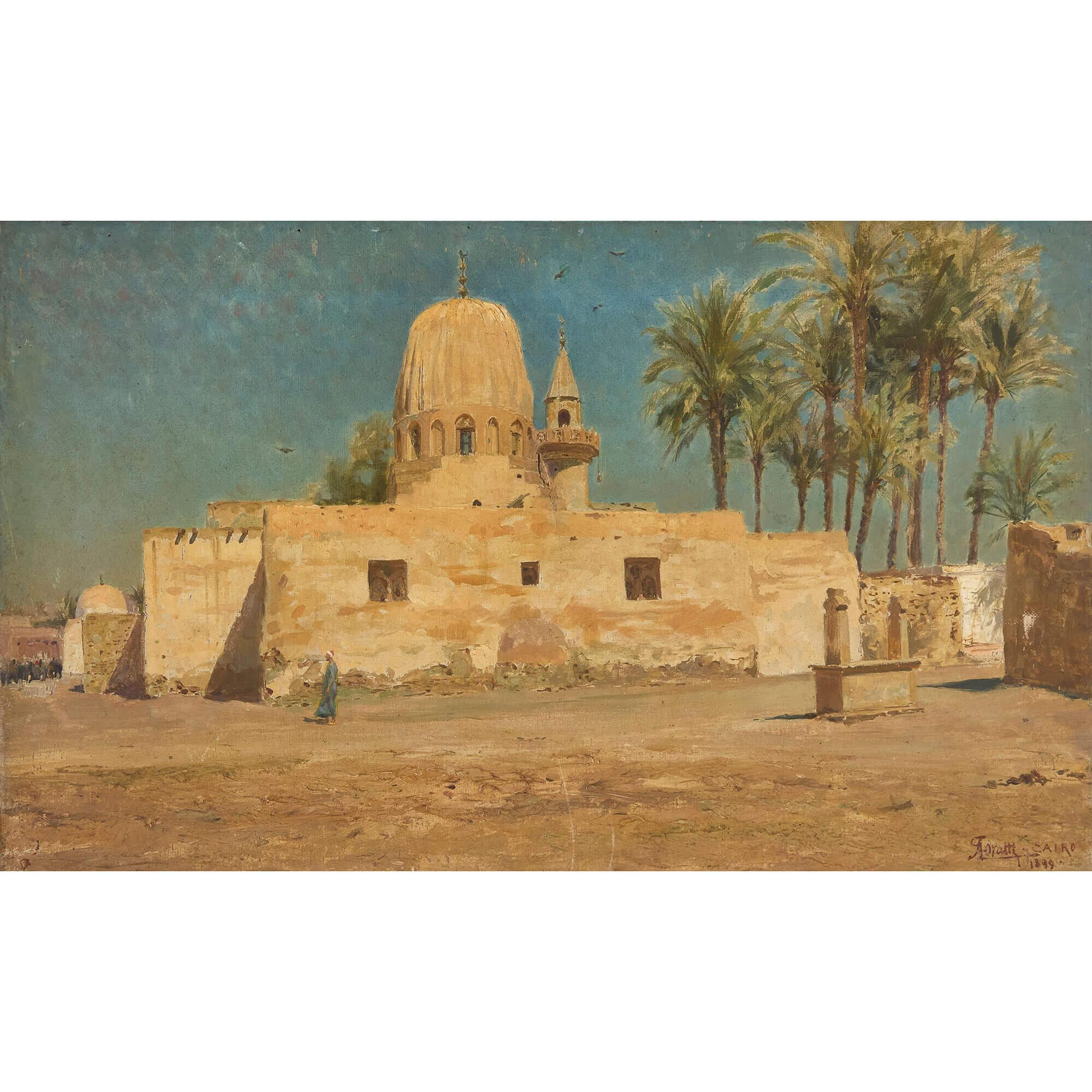 Antique 19th Century Italian Orientalist Oil Painting Mosque Cairo Egypt Lovatti - Brown Landscape Painting by Augusto Lovetti